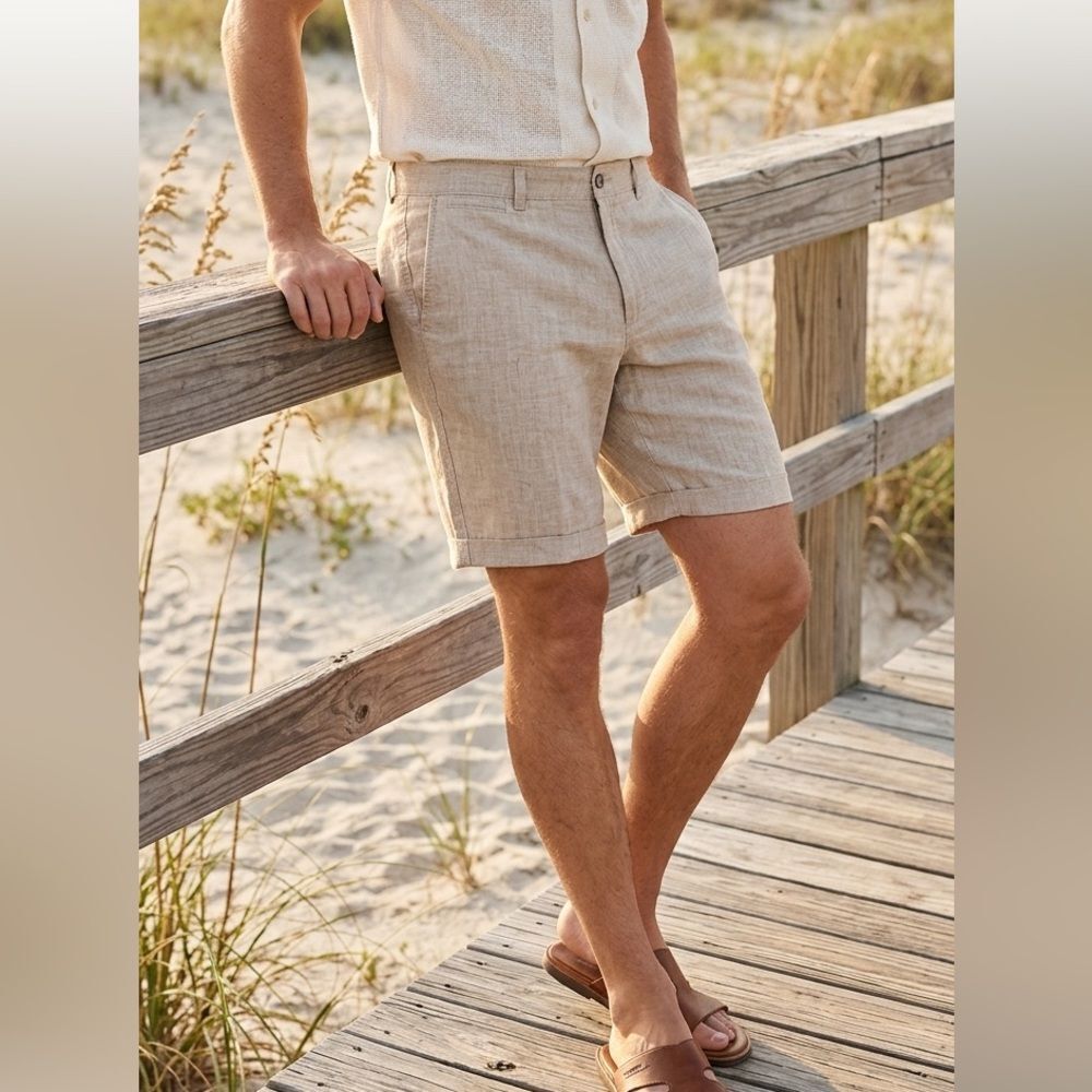Cremeux 100% Linen Shorts Size 38 Tan Neutral Classic Summer Staple Menswear